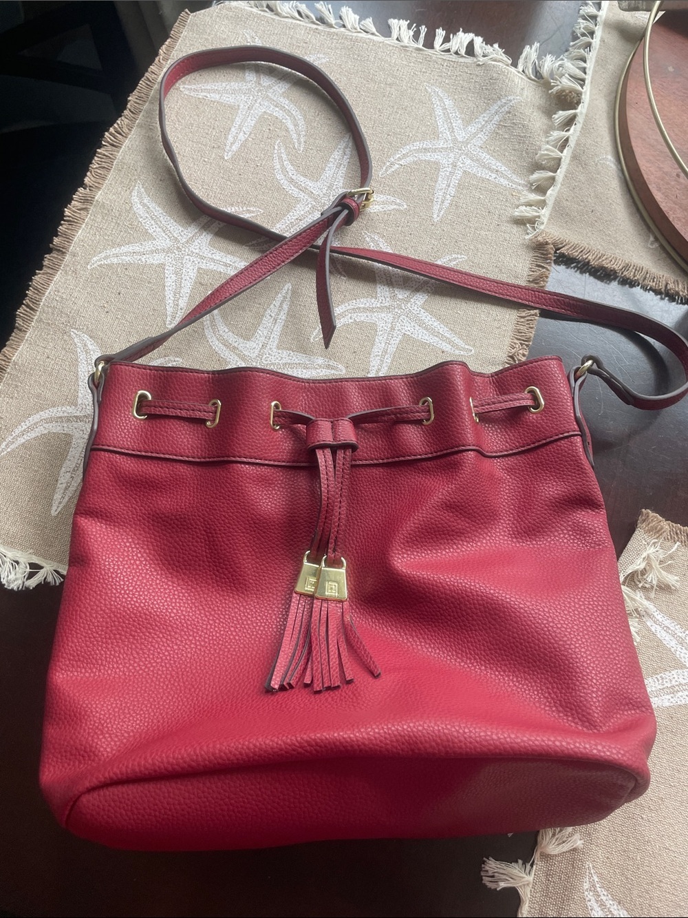 Liz Claiborne Red Pebbled Leather Drawstring Shoulder Bag with Tassel never used